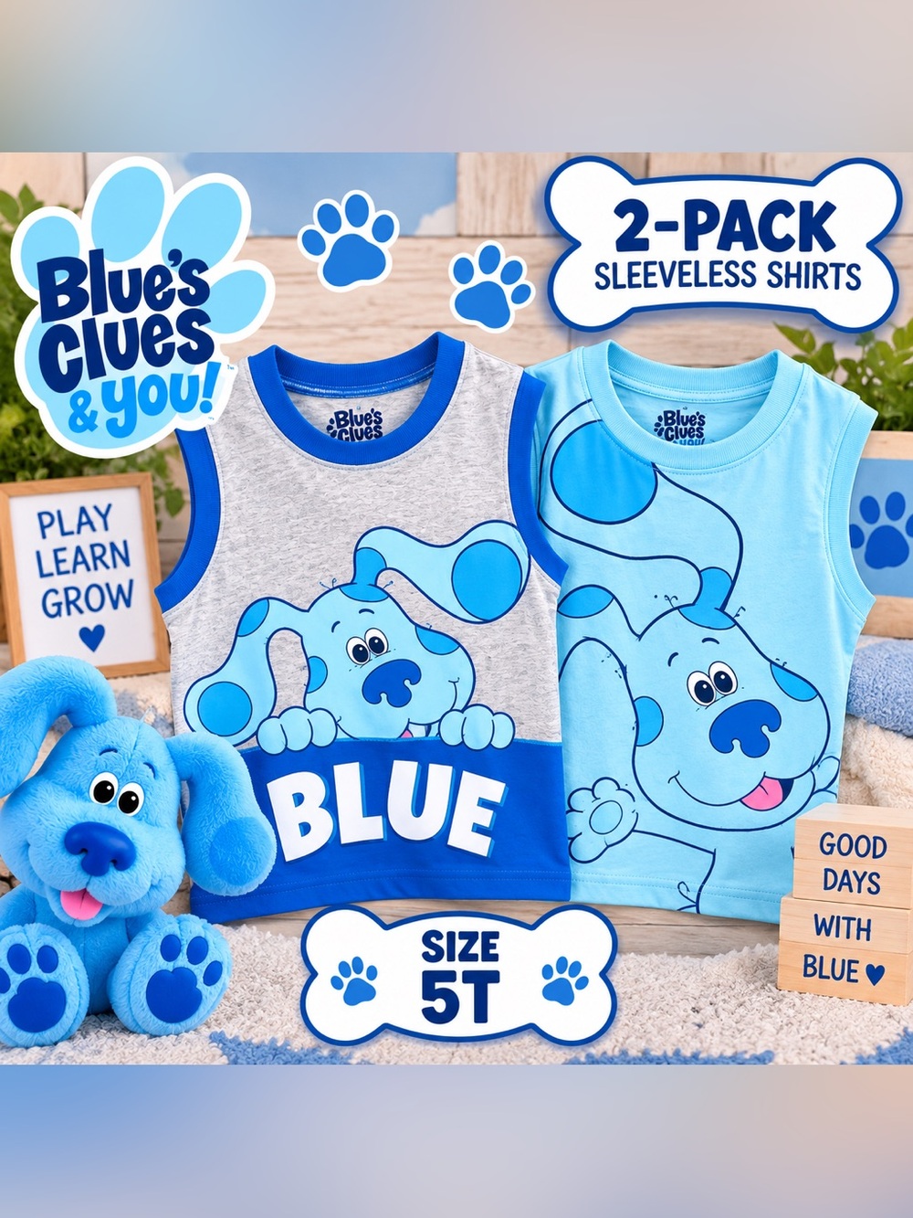Blue’s Clues Boys 2-Pack Sleeveless Graphic Tank Tops Blue Gray Size 5 NWT